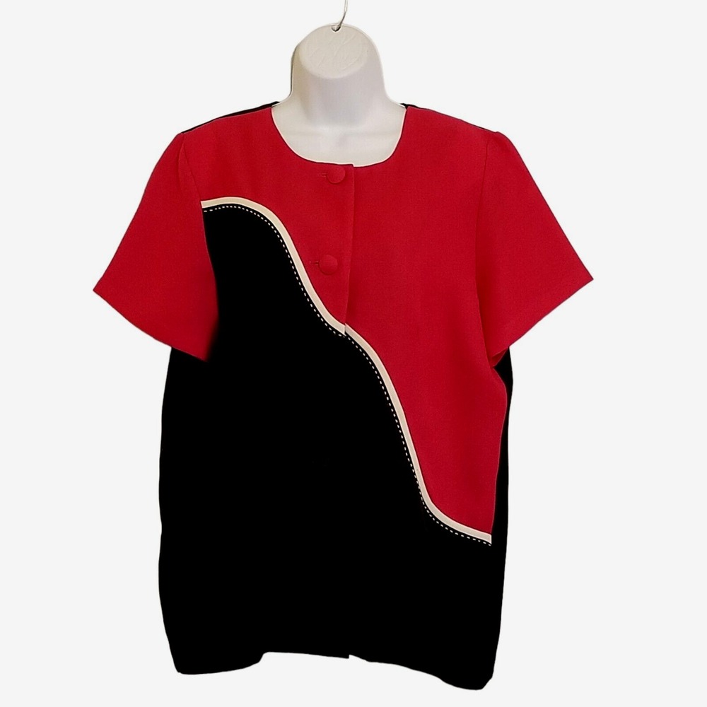 Vintage Willow Ridge Blouse Womens 12P Short Sleeve Covered Buttons Color Block